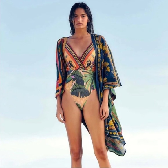 FARM Rio NWT - sand painted toucans scarf one piece bathing suit - Picture 3 of 7